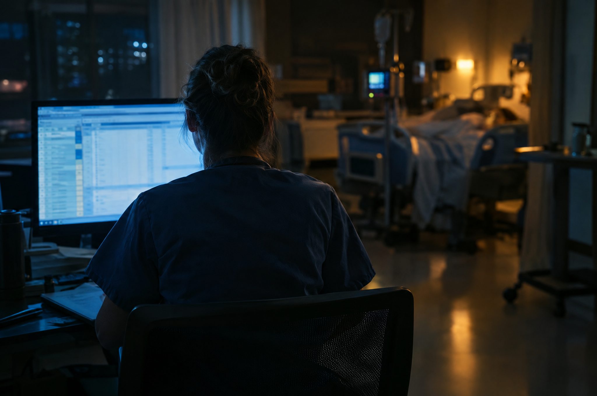 A clinician at a dim ward workstation, seen from behind