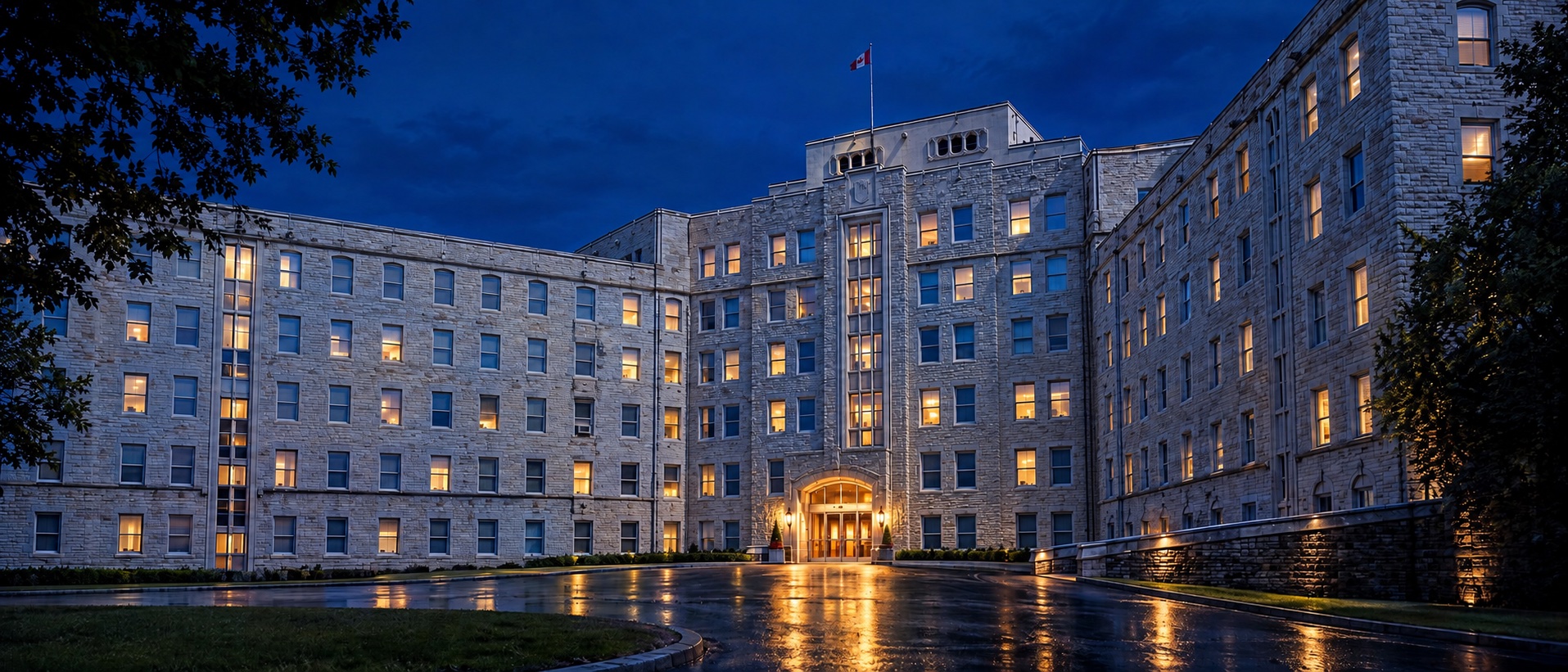 Architectural illustration of Royal University Hospital in Saskatoon at dusk