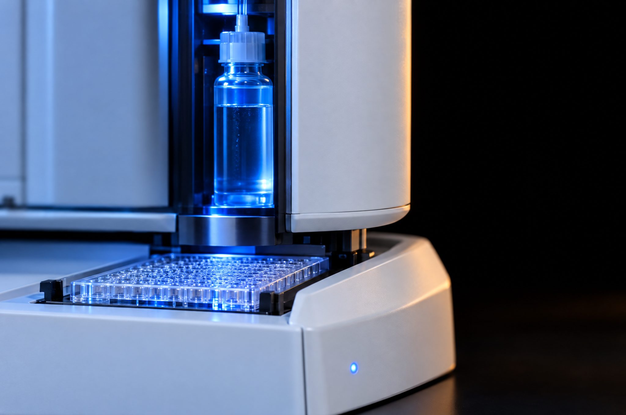 Detail of a benchtop analyser's screen and bezel
