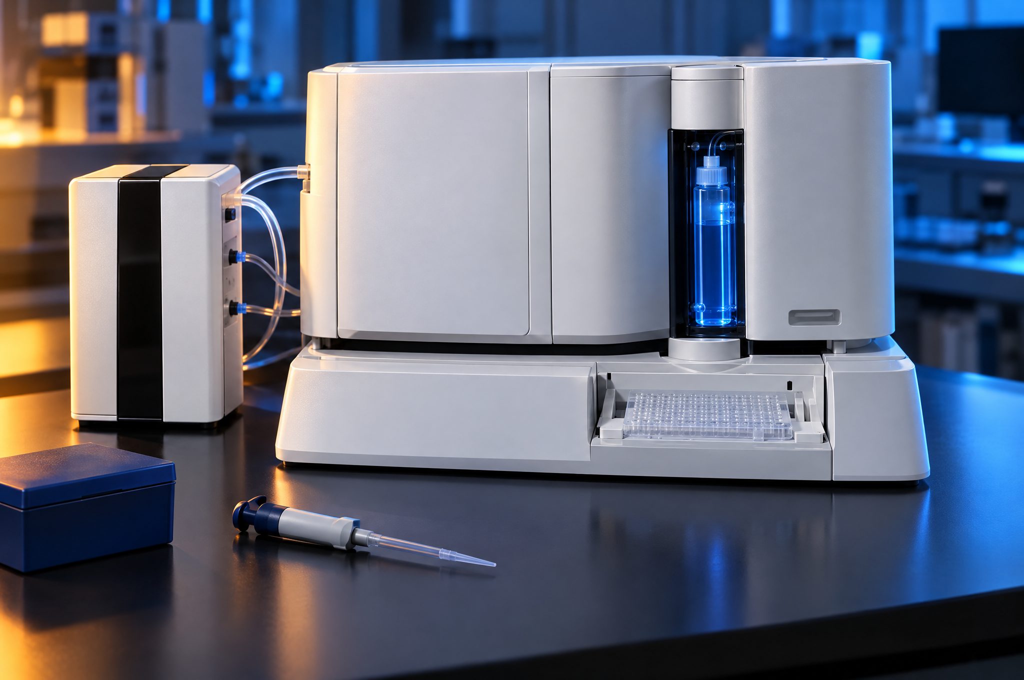 A benchtop analyser with a loaded microplate and a reagent kit