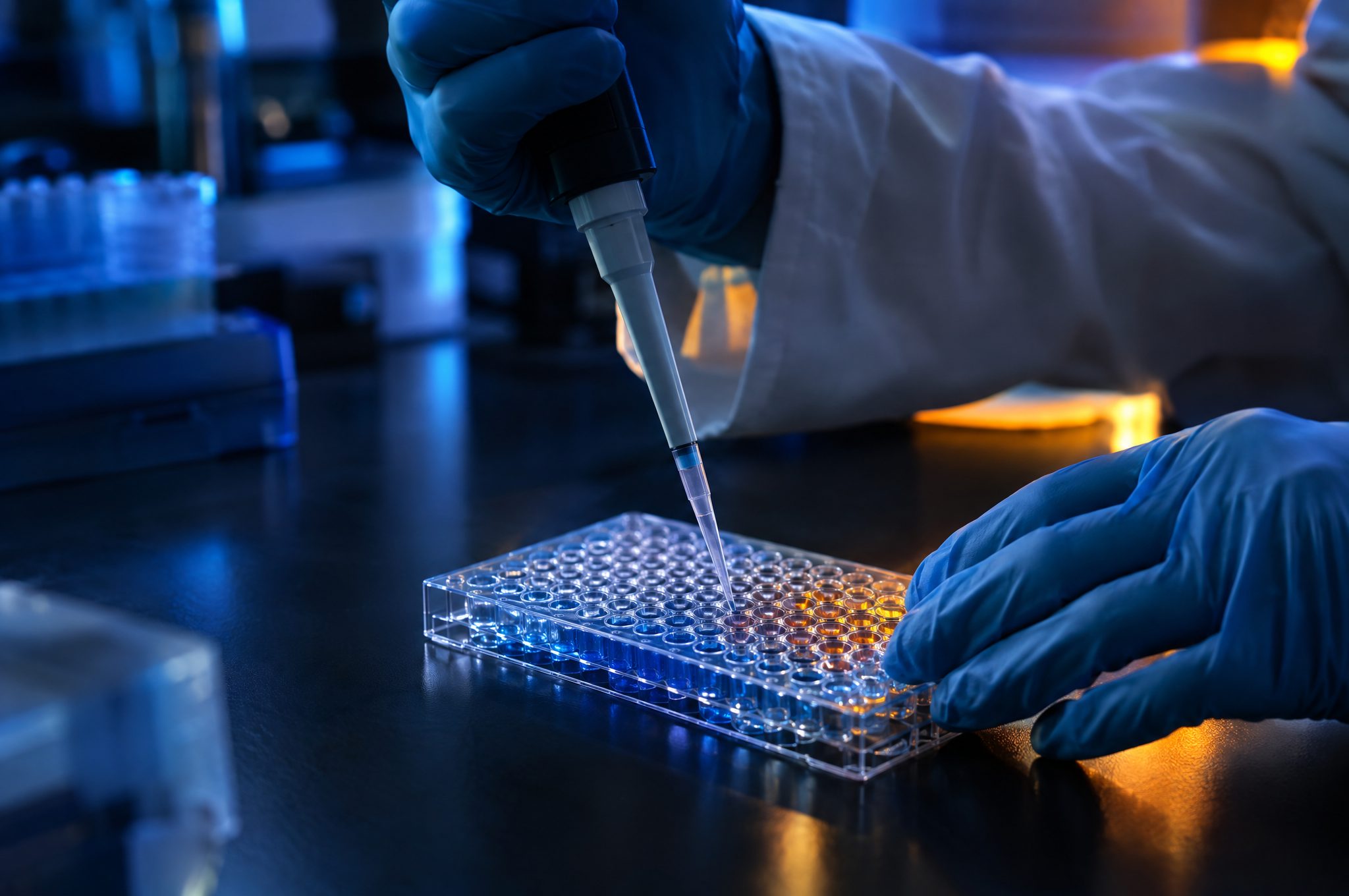 Gloved hands pipetting into a microplate