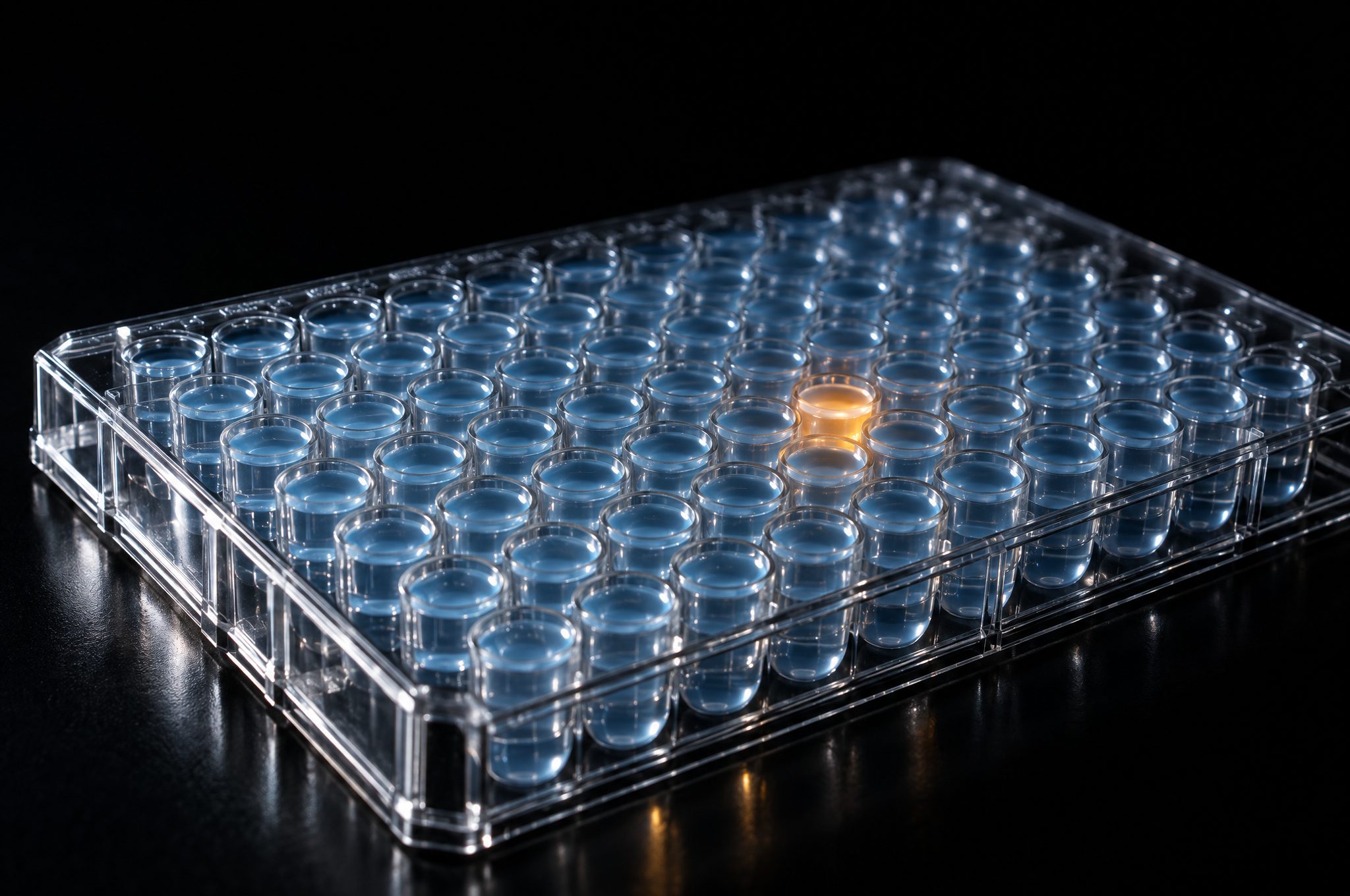 A 96-well microplate with one well glowing