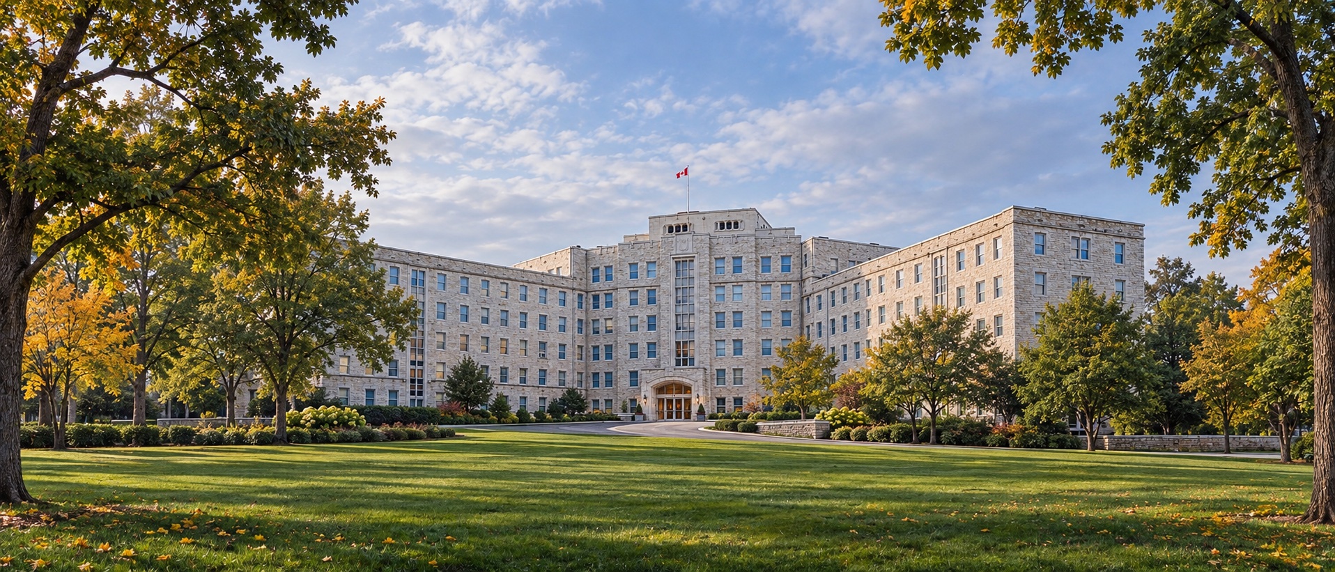 Architectural illustration of Royal University Hospital in daylight, framed by trees and landscaped grounds
