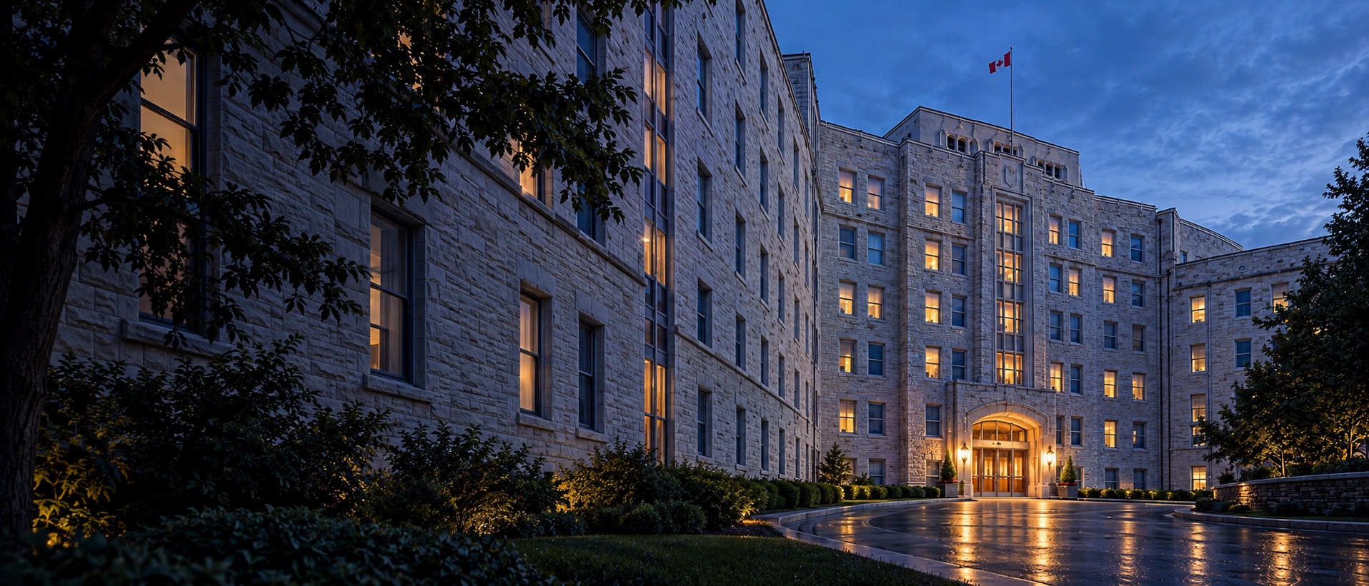 Architectural illustration of Royal University Hospital, viewed along its limestone wing toward the entrance