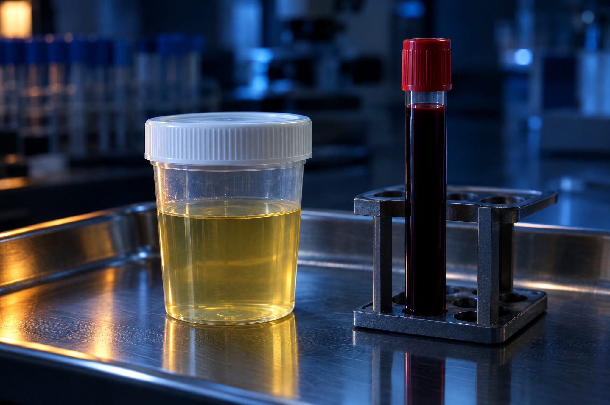 A specimen cup and a blood culture bottle on a laboratory tray